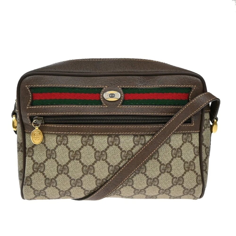 GUCCI Logo Sherry GG pattem Shoulder Bag PVC Leather Brown GHW Italy 34KB464